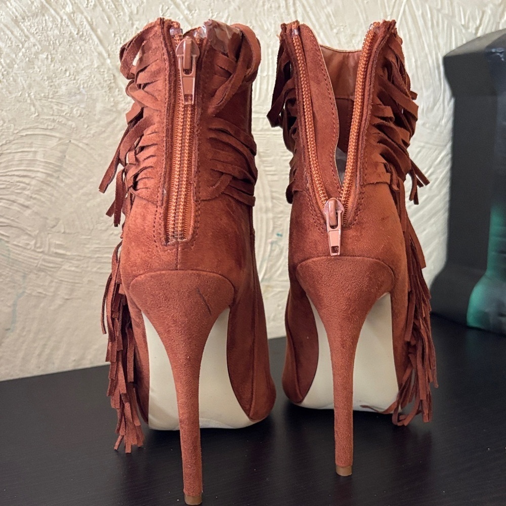 JustFab Rust Brown Suede Fringe Peep-Toe Stiletto Booties - Picture 2 of 6